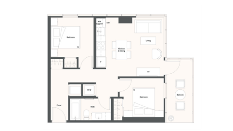 Floor plan for 2 beds, 2 baths, 645 sqft